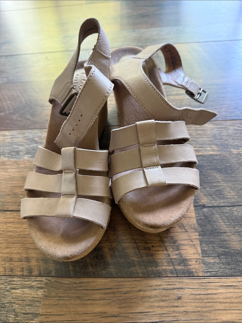 Clarks Taupe Strappy Wedge Sandals with Ankle Buckle